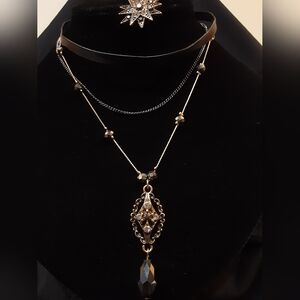 Elegant Black and Gold Pendant Choker & Necklace Combo. J162
